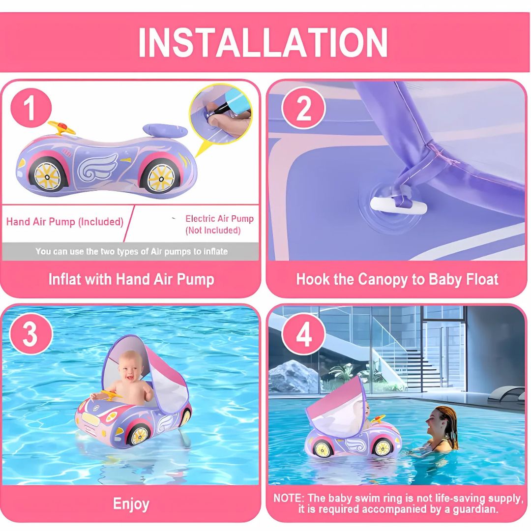 LittleSwimmer - Niet-opblaasbare zwemtrainer voor baby's met zonnekap - Met schuim gevulde drijfring voor peuters van 6-24 maanden