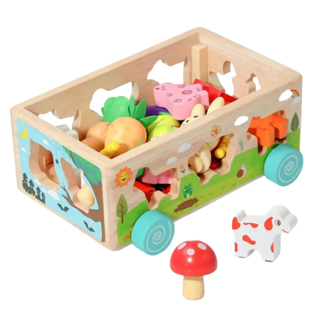 VeggieVans – Houten Sorteerpuzzel Kar – Montessori Dier & Vormenspel – Vanaf 3 Jaar