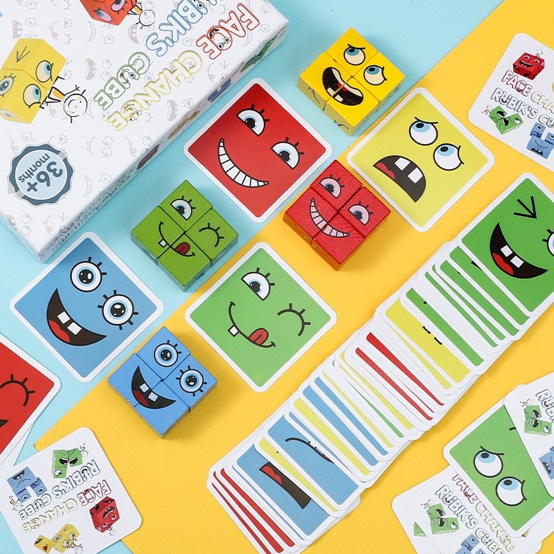 FaceRubrics -Houten Uitdrukkingen Bijpassende Blok Puzzels Bouwblokjes